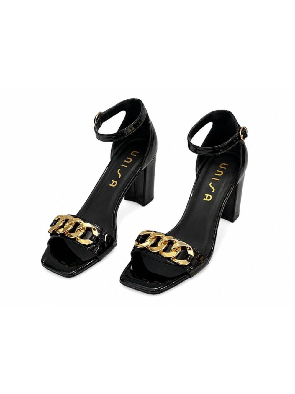 Unisa Black Sandal Block Heel Ankle Strap Gold Chain Patent Leather Women's 10M